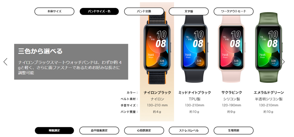 HUAWEI Band 8のバンド比較