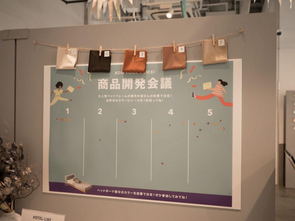 「LOWYA POP UP in 渋谷」にて開催されていた、ベッドフレームのカラーの意見を募っていた「商品開発会議」