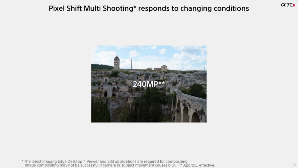 α7CRは手ブレ補正機構を応用したピクセルシフトマルチ撮影にも対応。約2億4080万画素を実現。