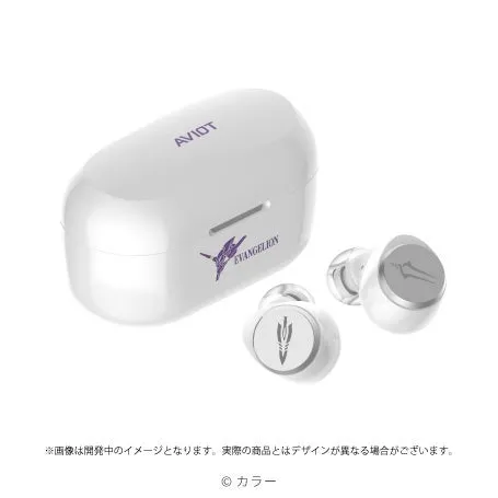 白を基調としたワイヤレスイヤホンと充電ケース。ケースとイヤホンには紫色のロゴがあしらわれている。イヤホンは2つあり、ケースは長方形に近い形状をしている。