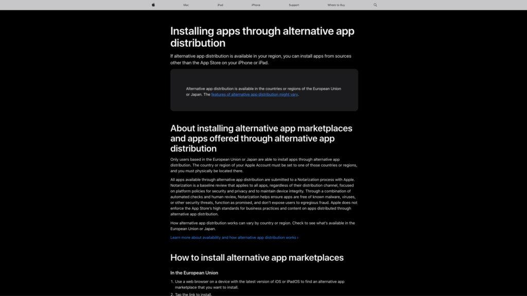 Apple：Installing apps through alternative app distribution公式ページより抜粋