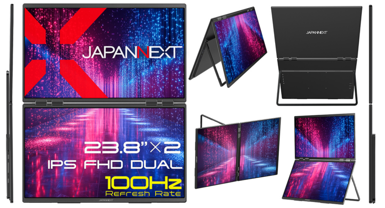 最大3画面環境を実現！JAPANNEXTから23.8インチIPSパネルを2枚搭載した大型デュアルモバイルモニターが登場、価格は79,980円。