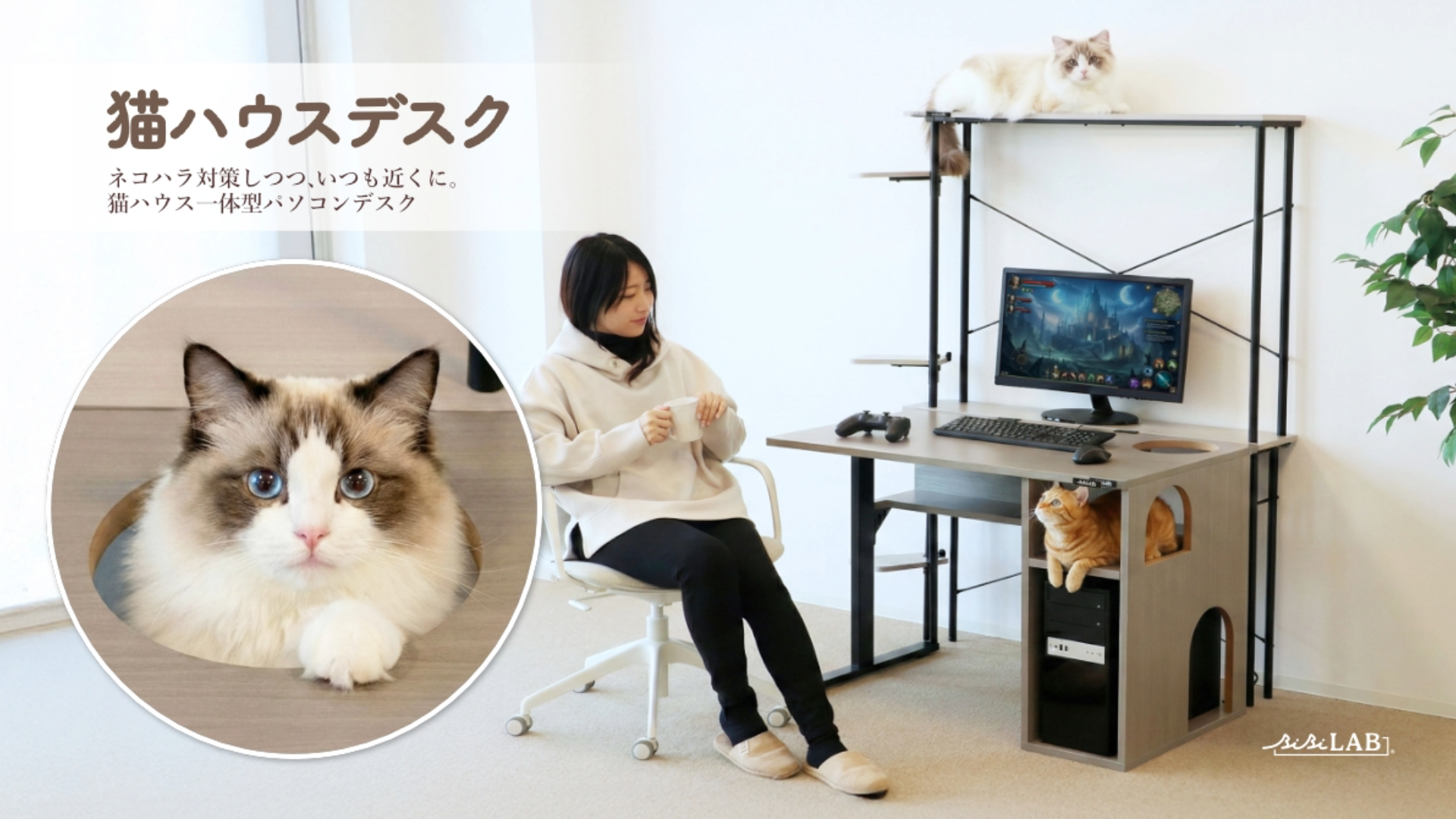 BIBILABが猫ハウスデスク発売。ミドルタワーPC収納・4つのにゃんギミック搭載。2万4,800円で猫飼いゲーマー向け