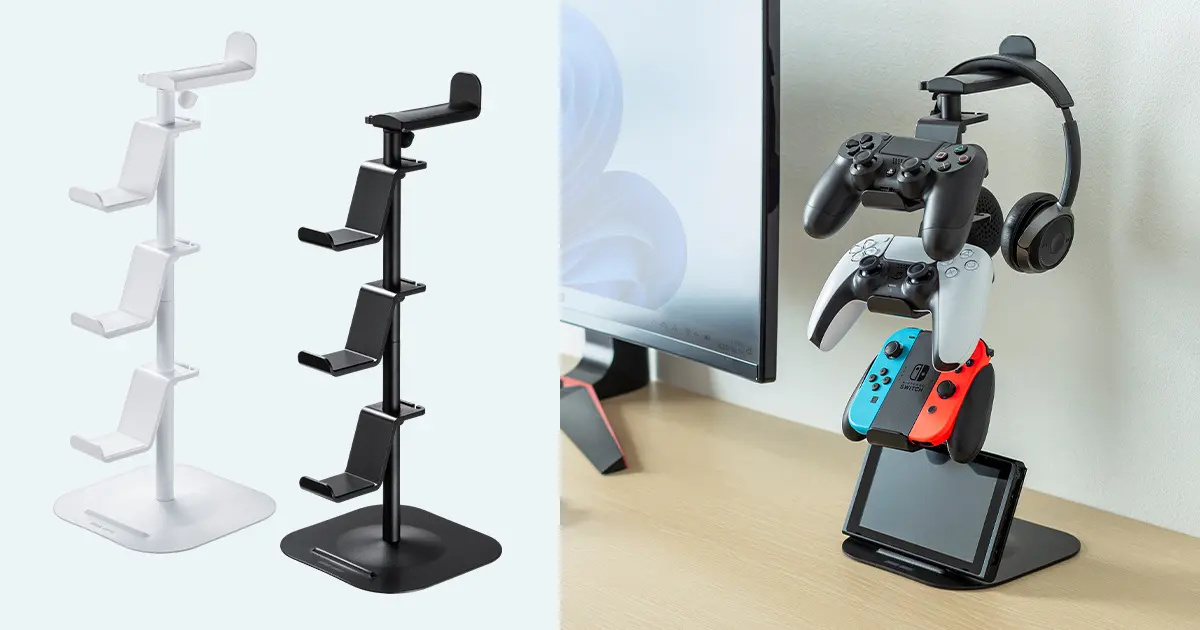 サンワサプライ、ゲームパッドとヘッドホンを省スペースに収納できるスタンド「JY-STN1BK /JY-STN1W」を発売