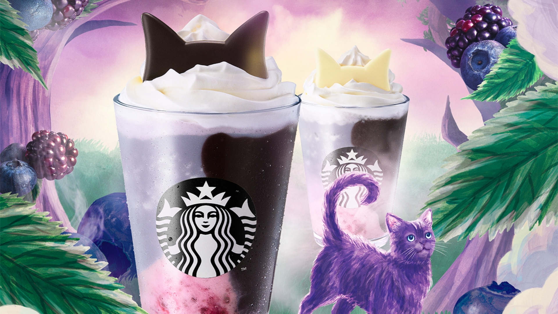 スタバのハロウィン新作『ブラックベリー ヨーグルト フラペチーノ® 黒耳ver. / 白耳ver.』が発売!参加型企画も開催