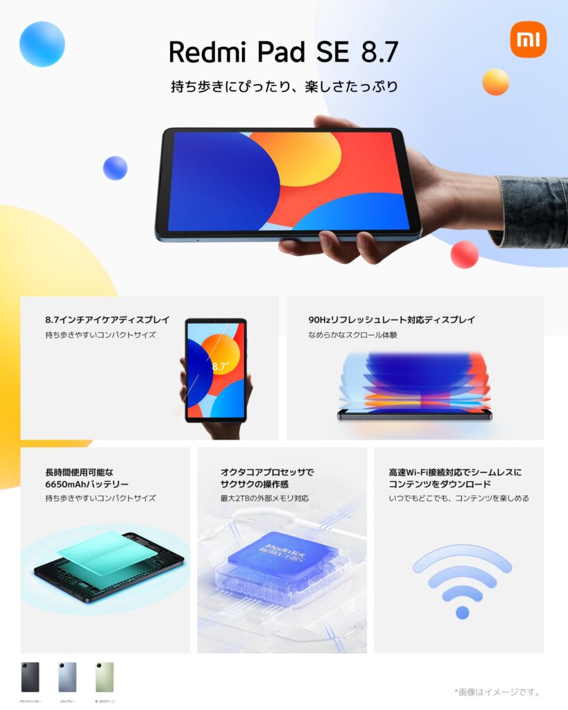 Xiaomiから登場した「Redmi Pad SE 8.7」の特徴一覧