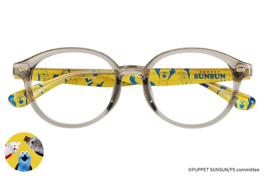 PUPPET SUNSUNのキャラクターが描かれた眼鏡の画像です。フレームはグレーで、テンプルには黄色と青色のキャラクターが描かれています。