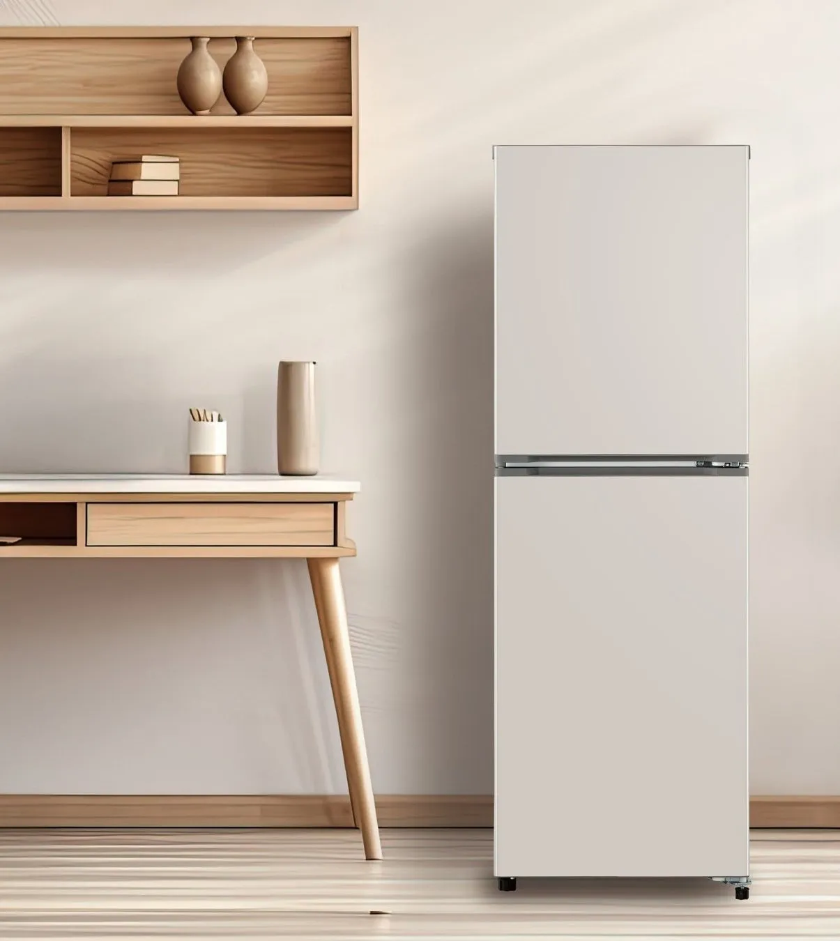 白い冷蔵庫が置かれた部屋の写真です。冷蔵庫の隣には木製の机と棚があり、部屋は明るい色合いで統一されています。