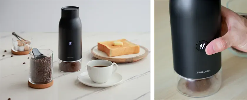 コーヒーメーカーとトースト、コーヒーカップが置かれた朝食のテーブル。