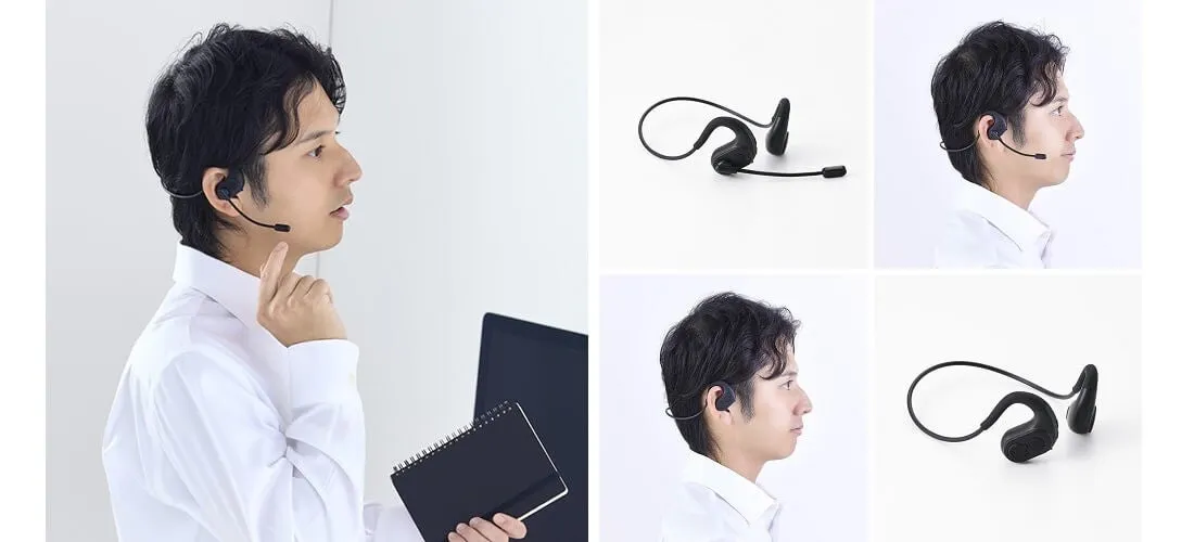男性がヘッドセットを装着して会話している様子を示す画像です。ヘッドセットは、耳に装着するタイプで、マイクが口元に伸びています。男性は白いシャツを着ており、ノートパソコンとノートを持っています。画像には、ヘッドセットの様々な角度からの写真も含まれています。
