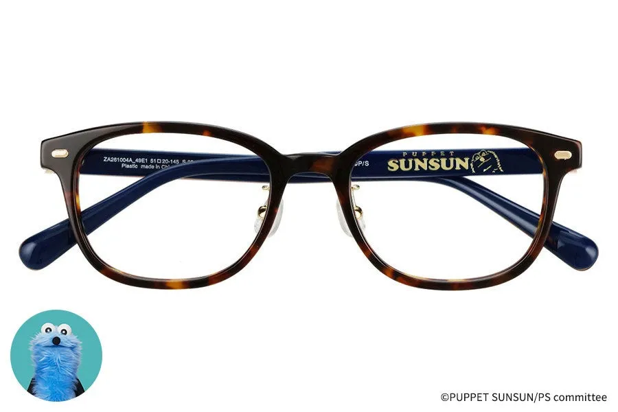 茶色のフレームのメガネ。左下に青いキャラクターのイラストが描かれている。フレームの内側には「PUPPET SUNSUN」の文字とキャラクターのシルエットが描かれている。