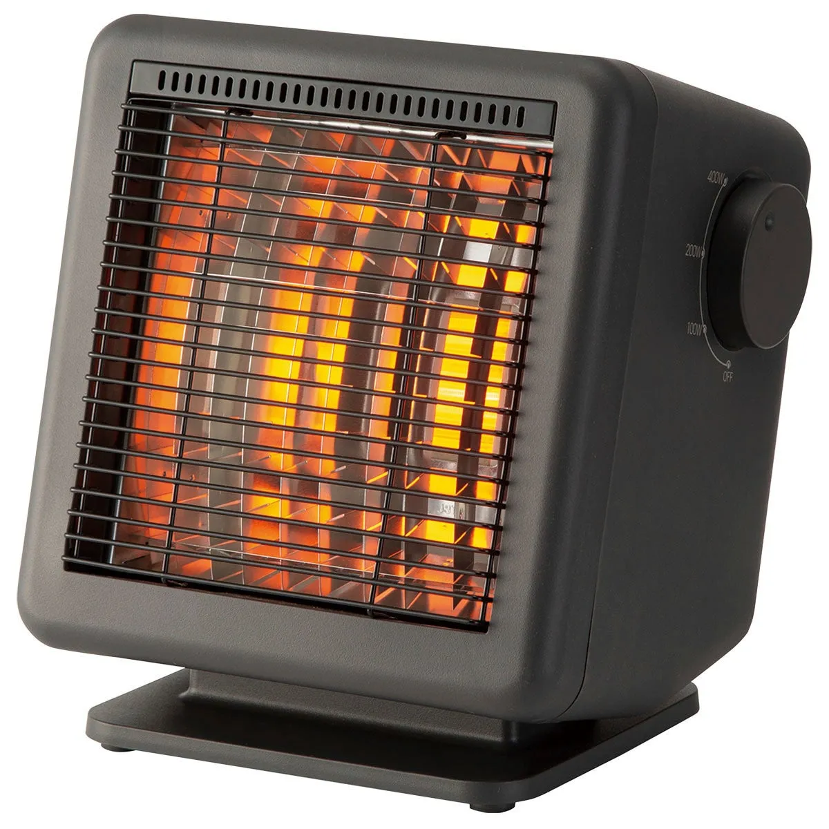黒い電気ストーブのクローズアップ写真。ストーブは四角いデザインで、正面には金属製のグリルがあり、内部にはオレンジ色の熱源が見えます。右側には、さまざまなワット数（100W、200W、400W）とオフ位置を示すノブがあります。