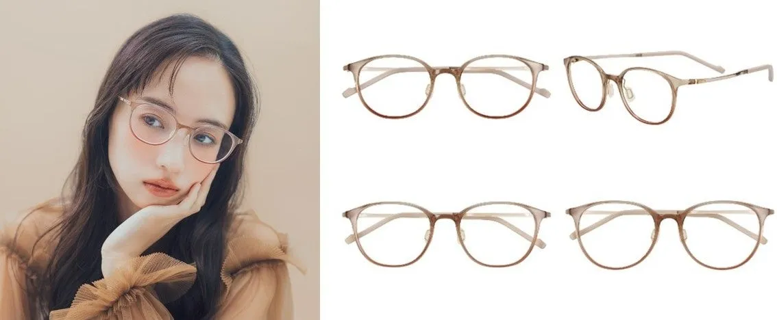 女性がメガネをかけている写真と、様々な角度から見たメガネの画像。