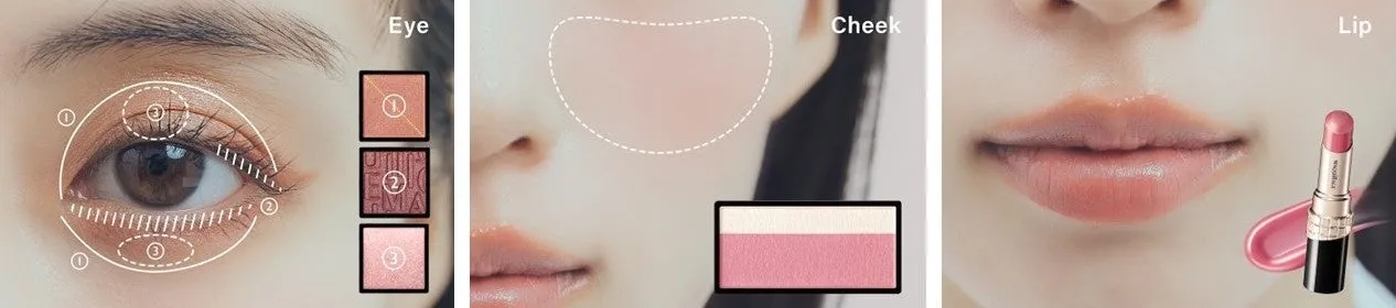 アイメイク、チーク、リップメイクのチュートリアル画像。