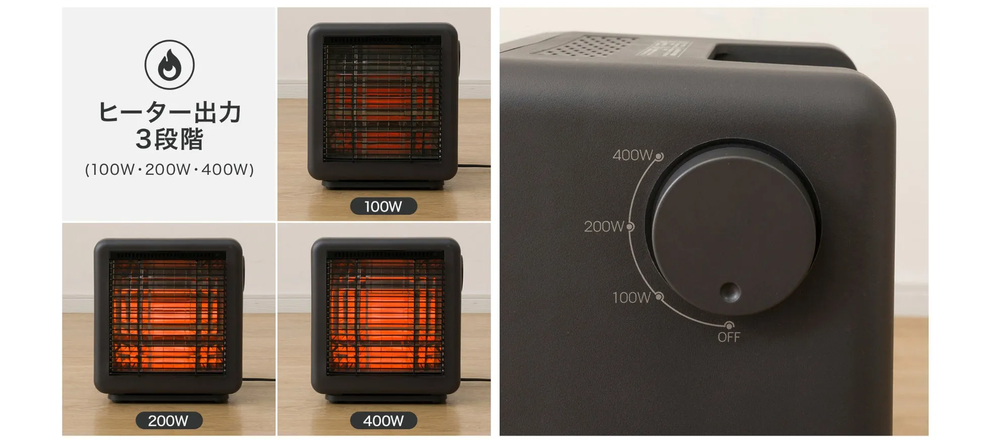 黒い電気ストーブの画像。 3つの異なる電力設定（100W、200W、400W）が表示されています。 ストーブの前面には、ストーブの電力設定を示すテキストがあります。