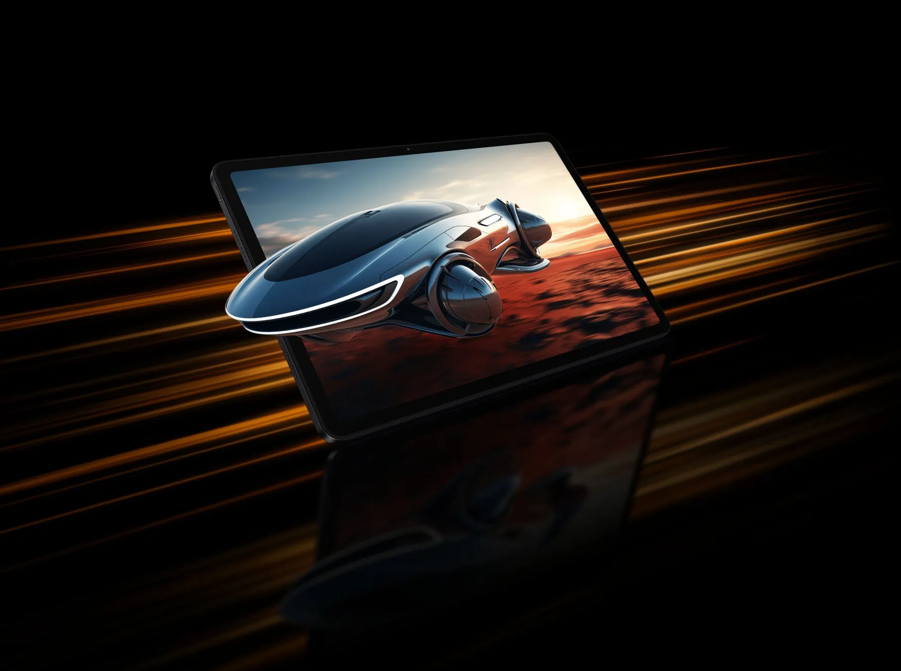 タブレットから飛び出す未来的な車のCGイラスト