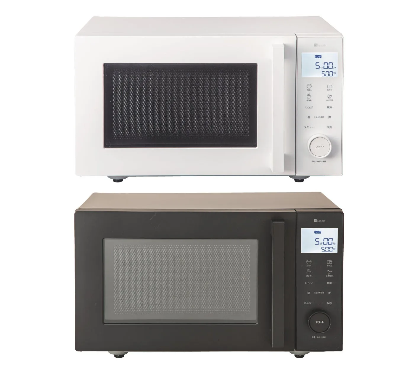 白と黒の2台の電子レンジの写真です。電子レンジはどちらも同じデザインで、前面に操作パネルとドアがあり、上部にデジタルディスプレイがあります。操作パネルには、時間、ワット数、メニュー選択などのボタンがあります。